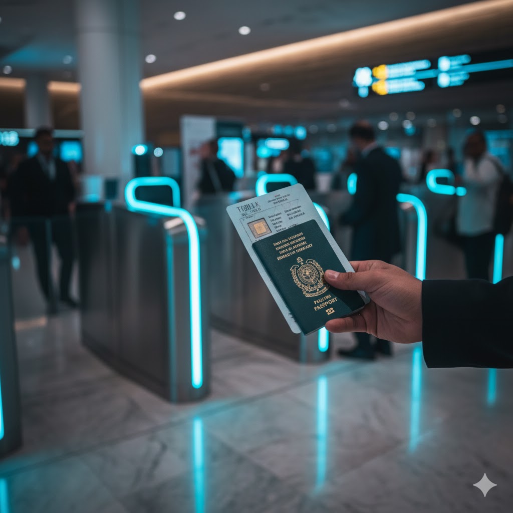 Traveler holding a Pakistani e-Passport at Dubai airport e-gate under soft light.