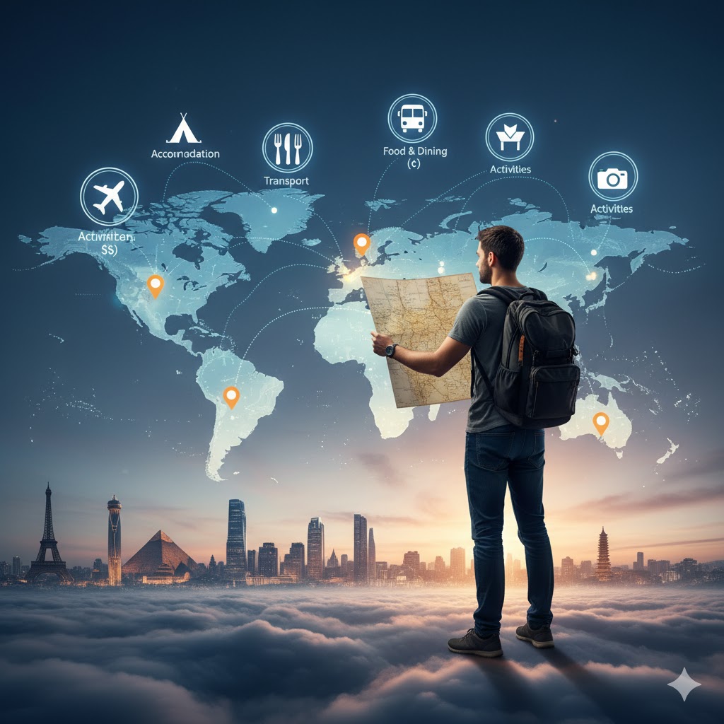 Traveler holding a map overlooking the world with budget categories marked