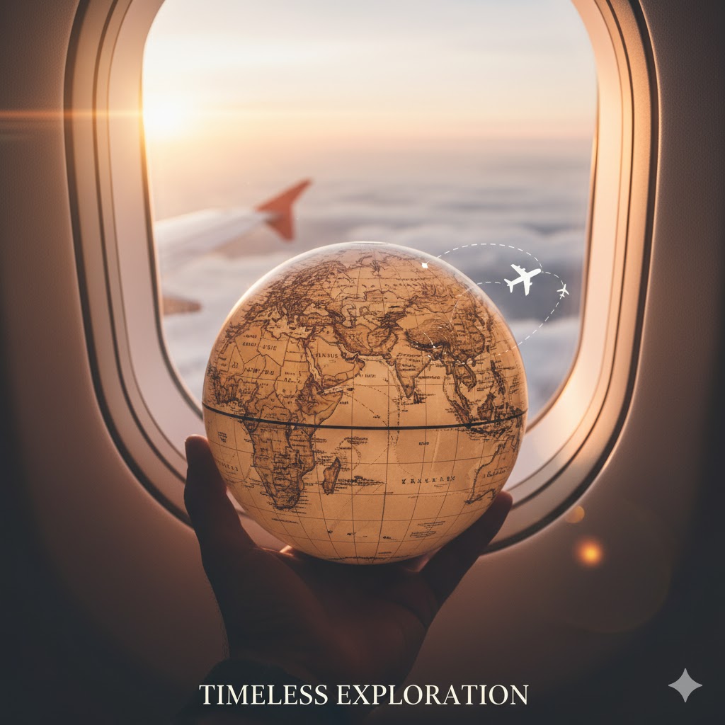 Traveler holding vintage globe map with airplane window view in background, symbolizing timeless exploration.