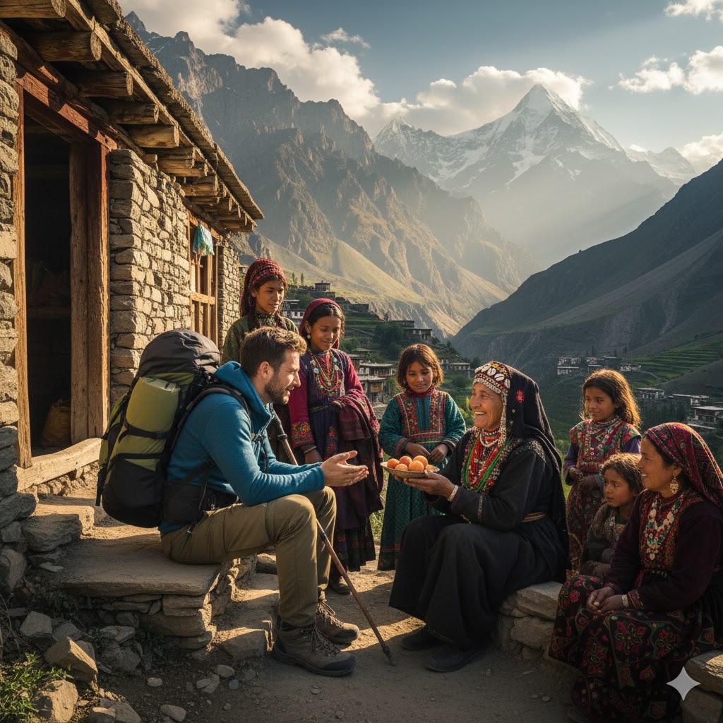 Traveler interacting respectfully with Kalash locals during a village tour