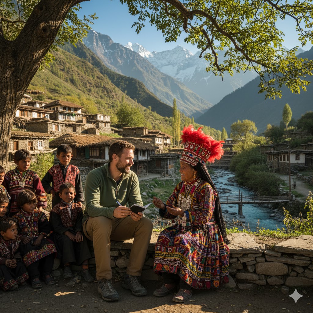 Traveler interacting respectfully with Kalash locals during a village tour