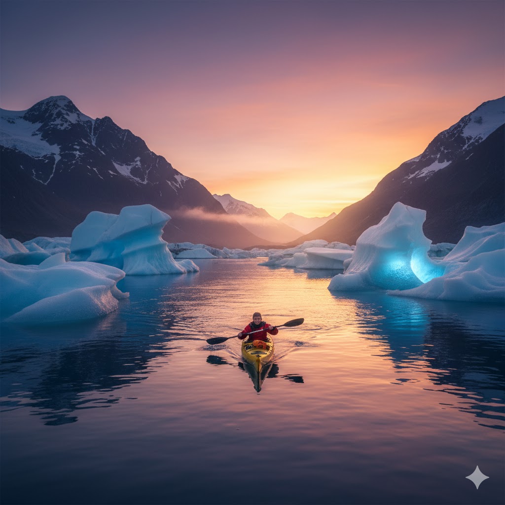 traveler kayaking between glowing blue icebergs in a Greenland fjord at sunset