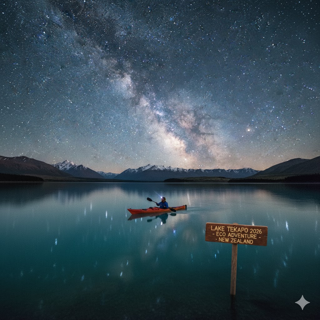 Traveler kayaking on Lake Tekapo under Milky Way New Zealand 2026 eco adventure