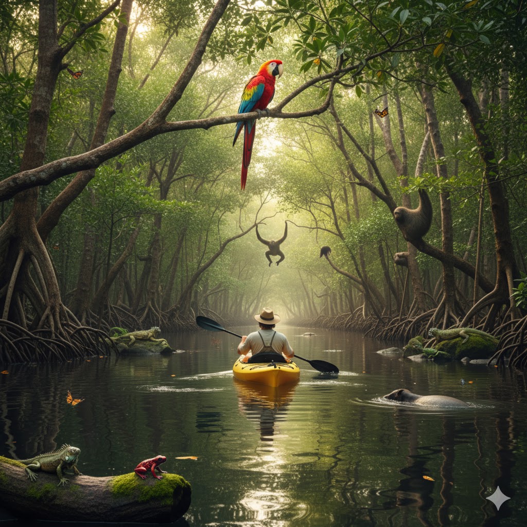 a traveler kayaking through mangroves surrounded by tropical wildlife in Costa Rica: