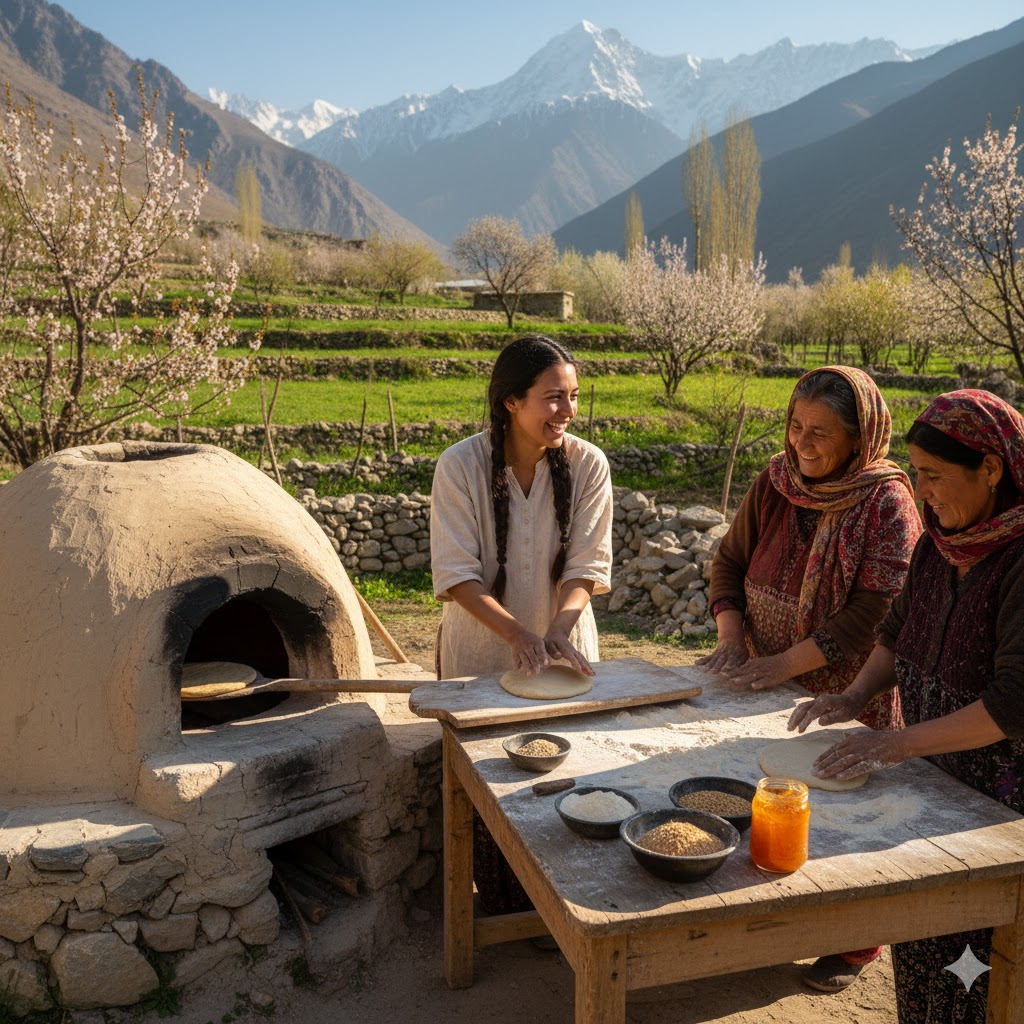 Traveler learning to bake bread with local women in Hunza organic farmstay.