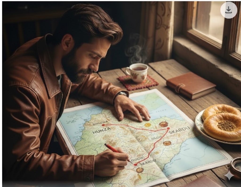 Traveler marking culinary route through Hunza, Gilgit, and Skardu on paper map