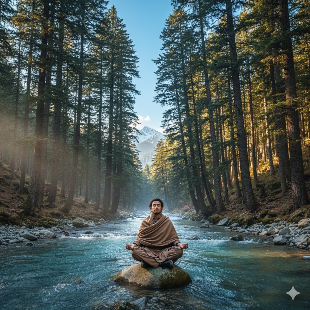 Traveler meditating beside Neelum River under tall pine trees
