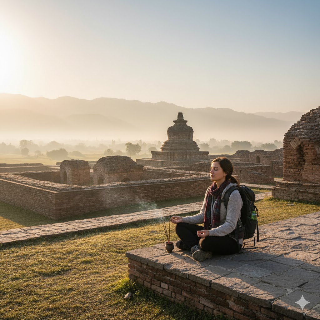 Traveler meditating near the ruins of a Buddhist monastery in Taxila at sunrise.