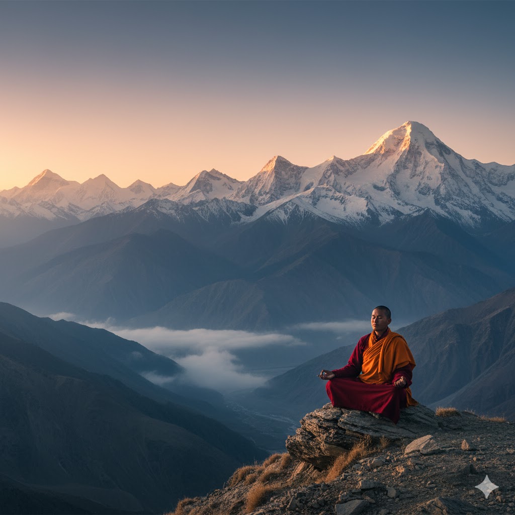 Traveler meditating on a ridge overlooking snow-capped peaks in Ladakh, India