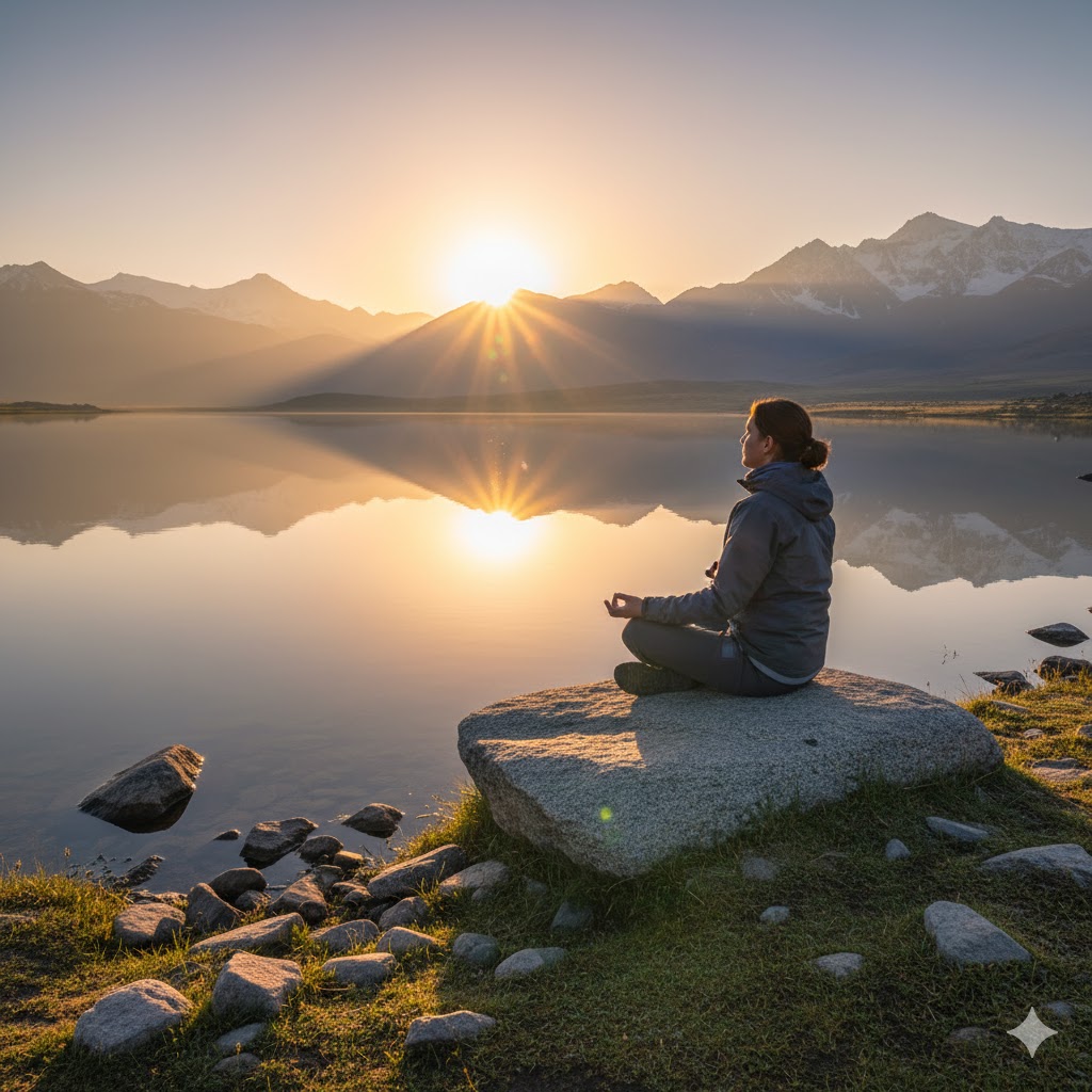 Traveler meditating on flat rock beside Sheosar Lake under rising sun. Traveler meditating on flat rock beside Sheosar Lake under rising sun.