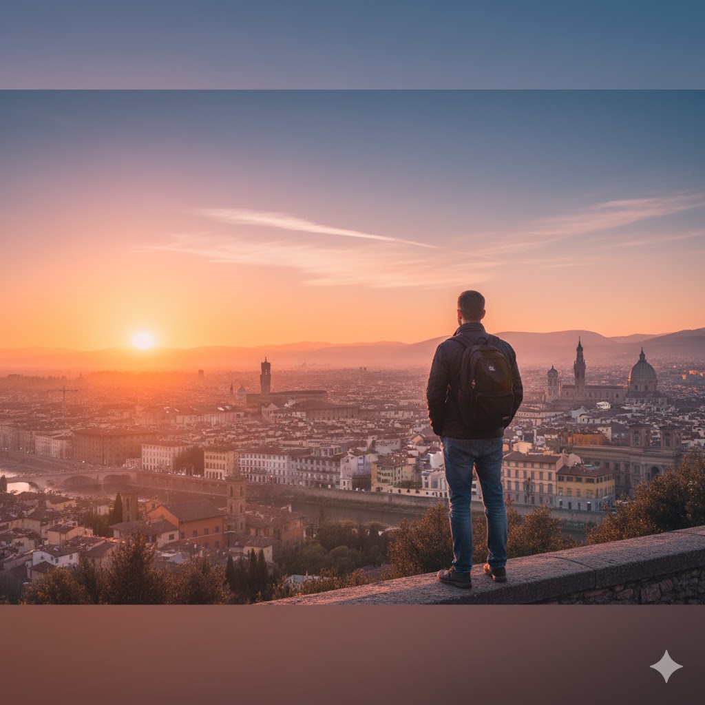 Traveler overlooking a panoramic European skyline at sunset