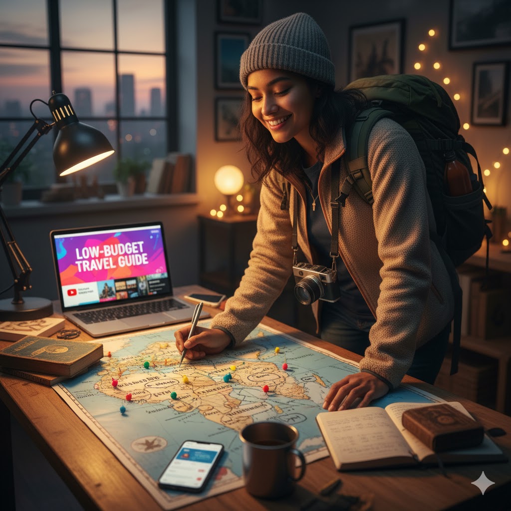 Traveler overlooking a world map marked with travel budget destinations