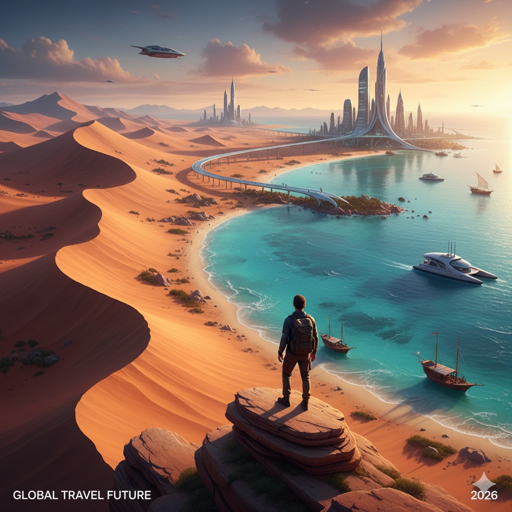 Traveler overlooking desert meets ocean landscape Middle East Oceania 2026 global travel future