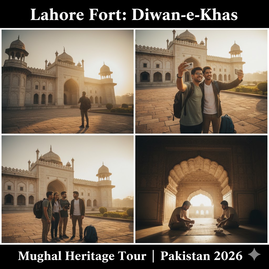 Traveler photographing Lahore Fort’s Diwan-e-Khas during heritage tour, cultural tourism in Pakistan