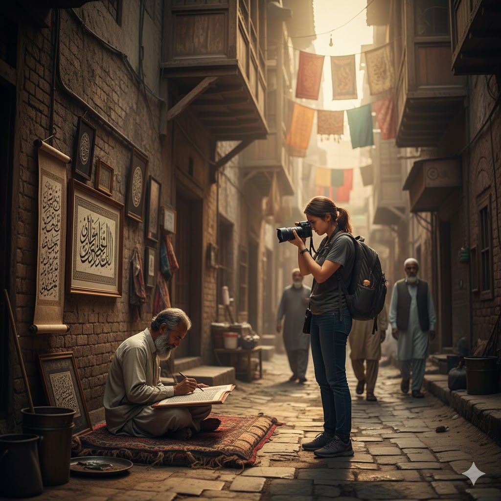 Traveler photographing artisan creating Sufi calligraphy in narrow Lahore alley.