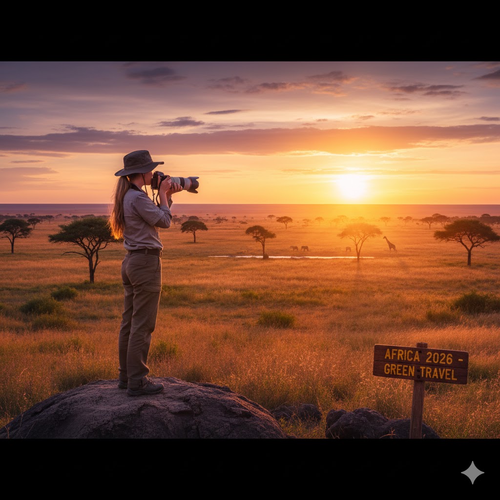 Traveler photographing sunset over savannah Africa 2026 green travel