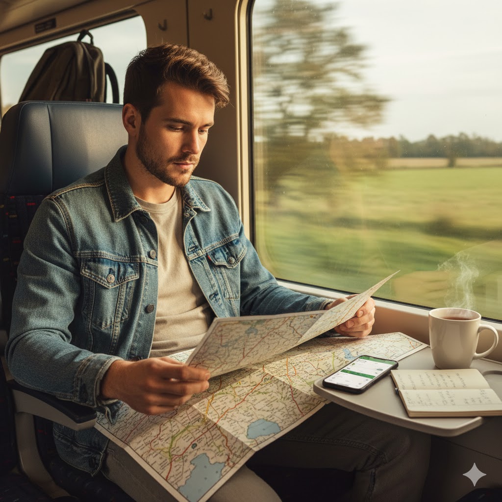 Traveler planning day trips from London using map and phone on train seat