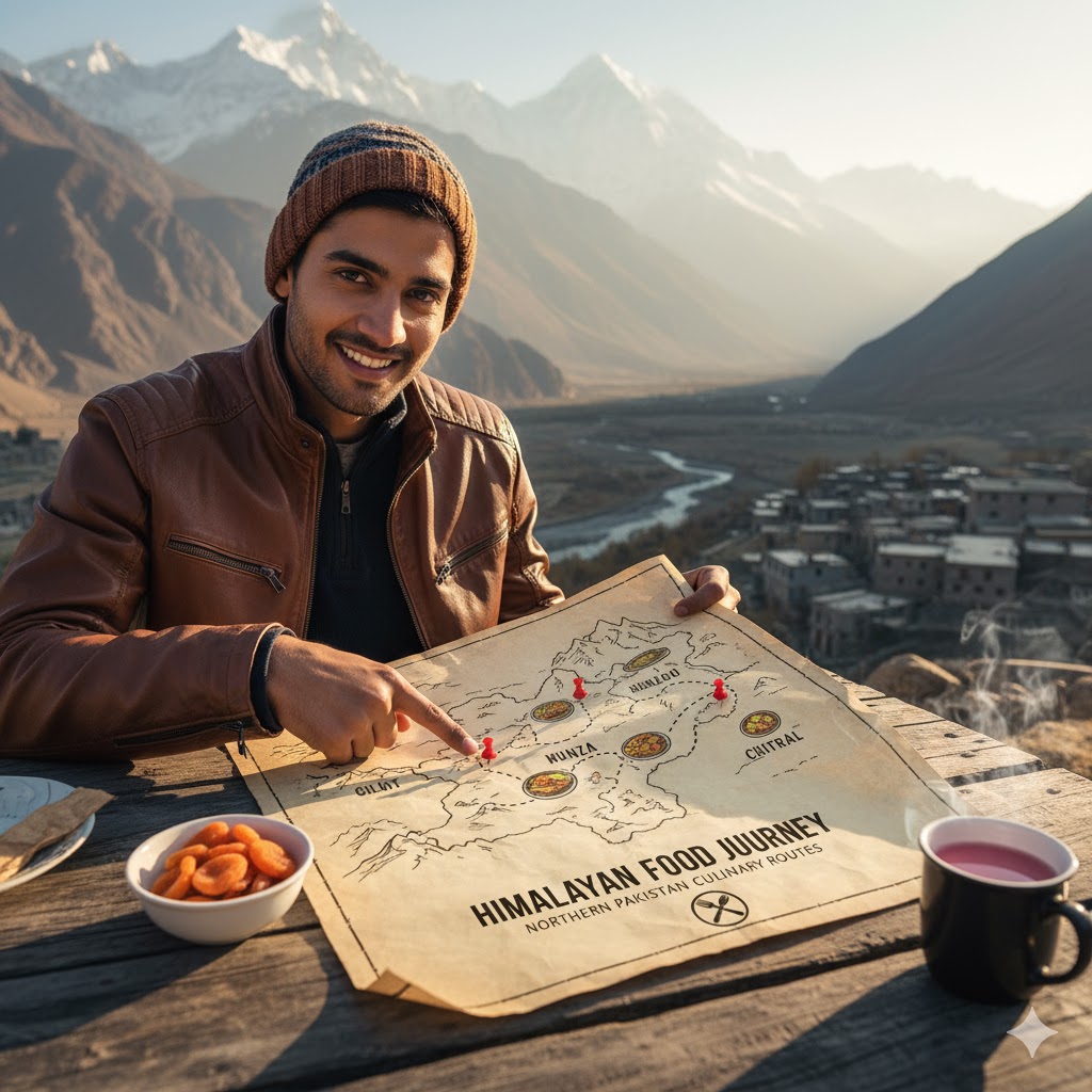 Traveler pointing at map highlighting Gilgit, Hunza, Skardu, and Chitral food regions of Northern Pakistan
