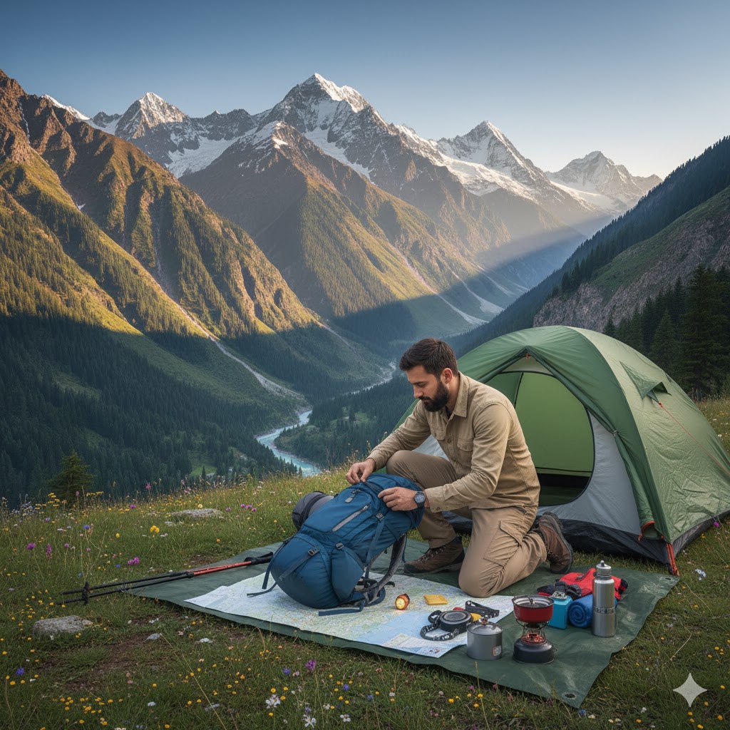 Traveler preparing trekking gear with mountains and river in Naran Kaghan background