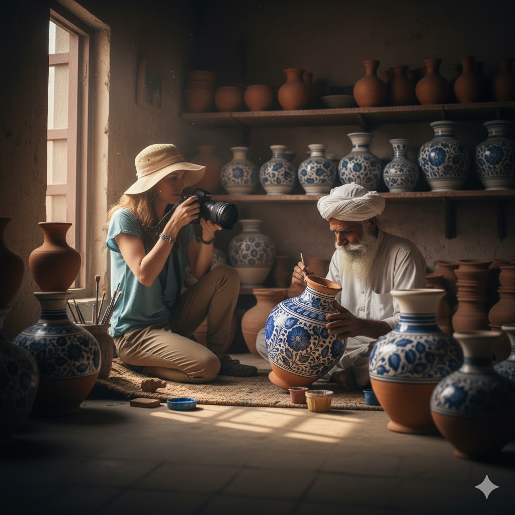 Traveler respectfully photographing a craftsman painting pottery in Multan’s old bazaar