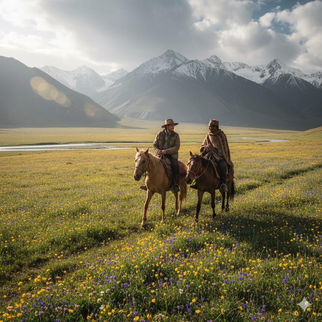 Traveler riding a horse alongside local herder across flower-filled meadows. Traveler riding a horse alongside local herder across flower-filled meadows.