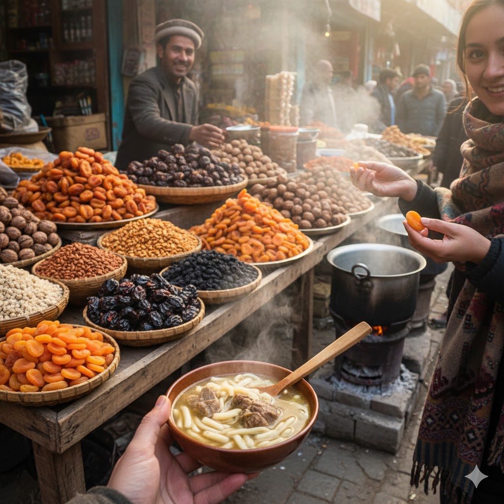 Traveler sampling dried fruits and local soup in Gilgit market