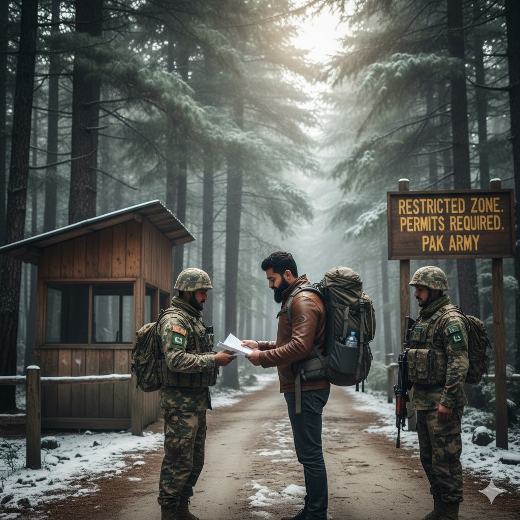 Traveler showing permit papers at a checkpoint by pakistan army soilders, surrounded by pine forests