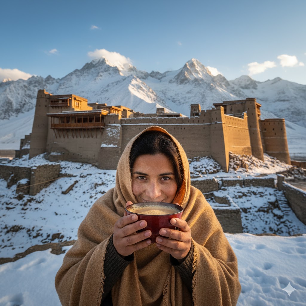 Traveler sipping Butter Tea with snow-covered Shigar Fort in background