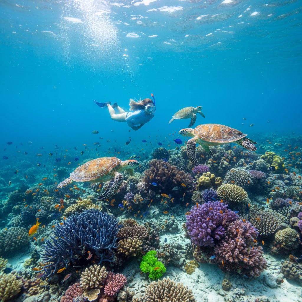 Traveler snorkeling above vibrant coral reef with sea turtles in Fiji