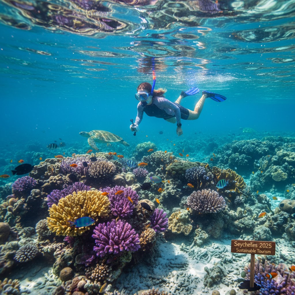Traveler snorkeling over coral reef Seychelles 2025 sustainable tourism