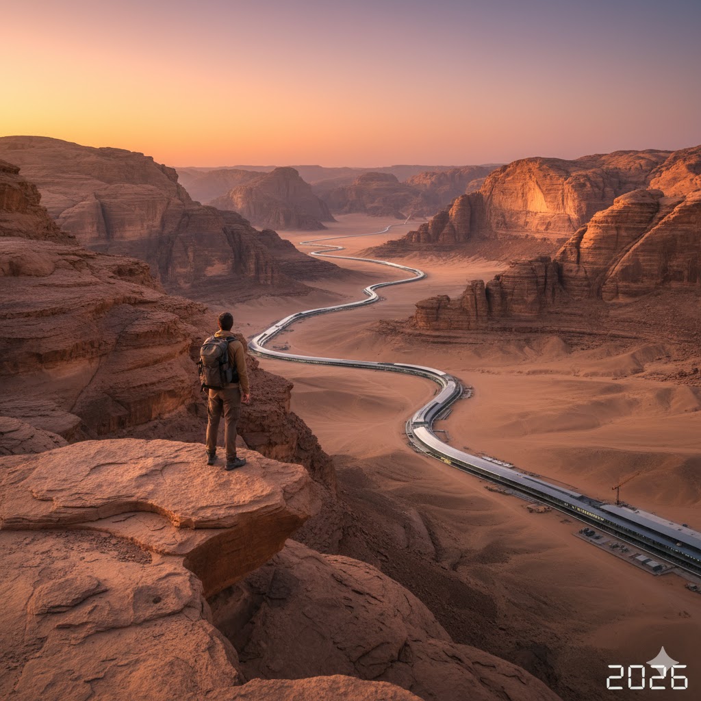 Traveler standing at edge of sandstone cliffs AlUla Saudi Arabia 2026 NEOM project