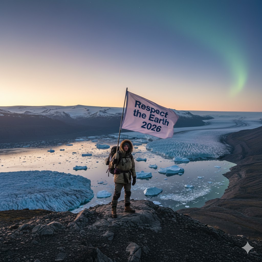 Traveler standing on a cliff in Greenland holding a flag reading ‘Respect the Earth 2026
