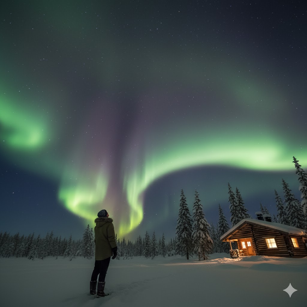 traveler standing under the Northern Lights in Finland with a wooden cabin nearby: