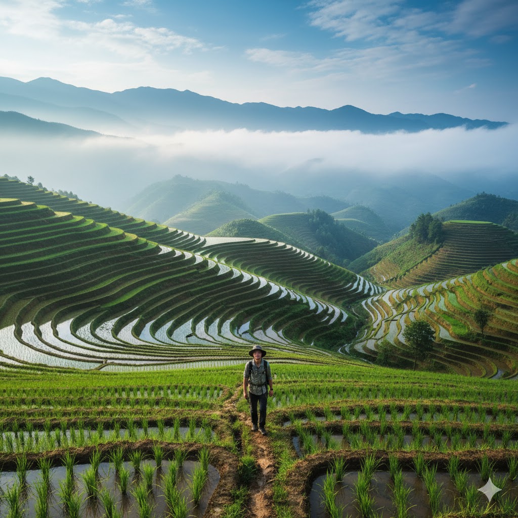 a traveler walking along rice terraces in Yunnan, China during spring