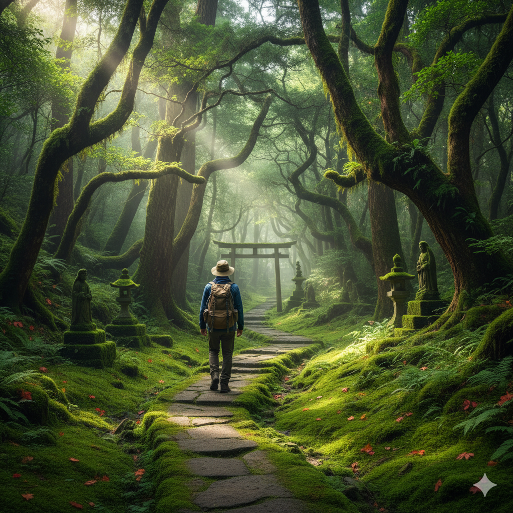 Traveler walking on moss-covered path in Japan’s mystical forest