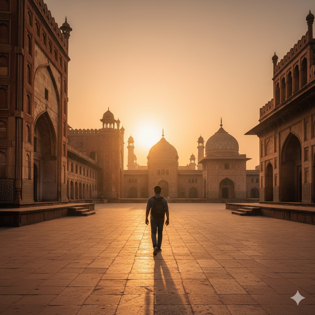 Traveler walking through Lahore Fort courtyard during golden hour, representing Pakistan’s historic architecture