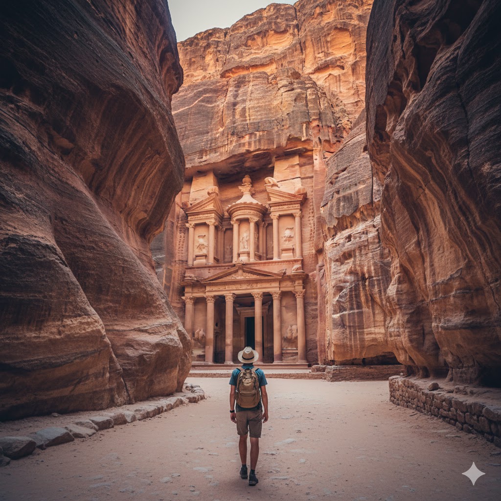 traveler walking through the rock-carved Siq canyon towards Petra's Treasury in Jordan:
