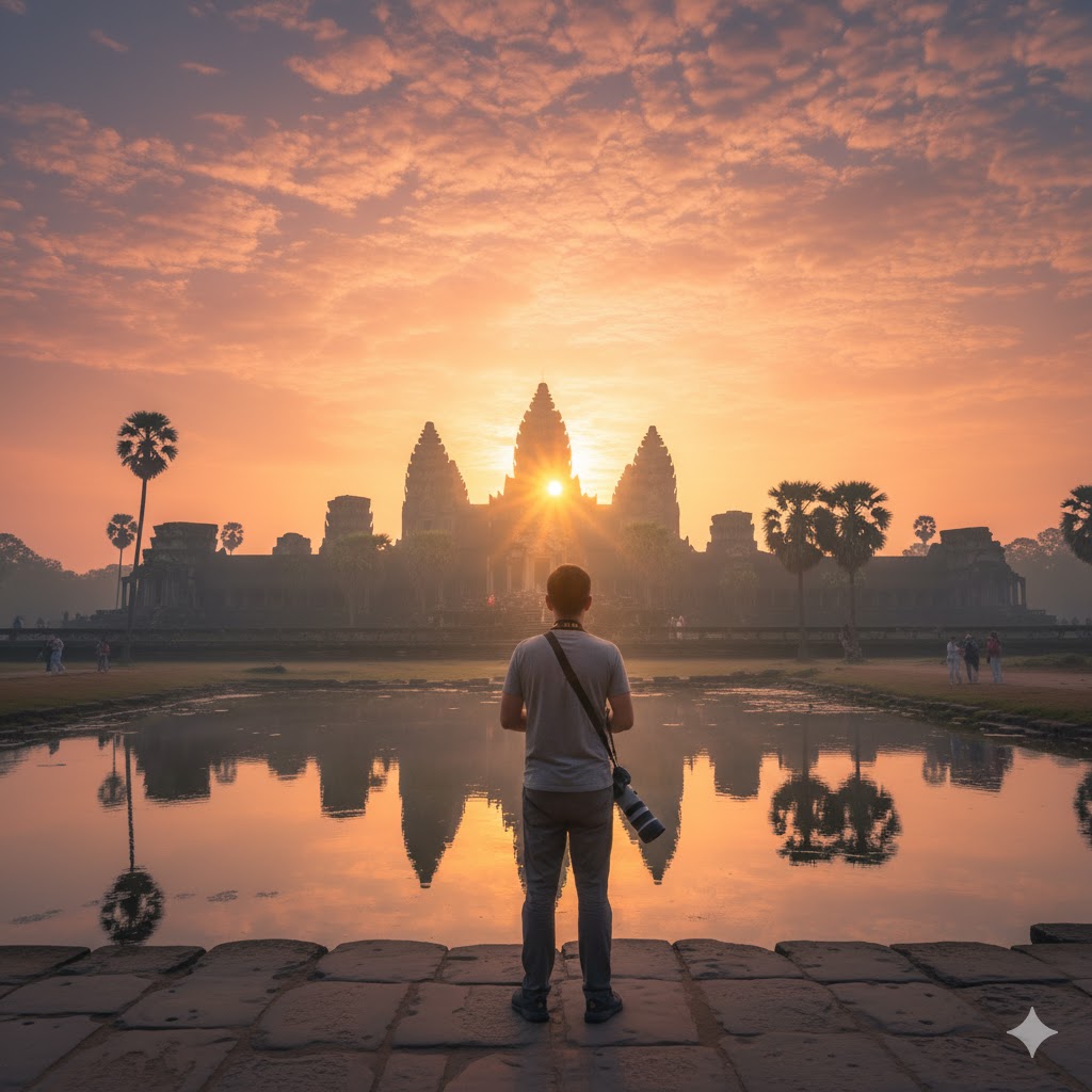 Traveler watching sunrise over Angkor Wat Cambodia 2026