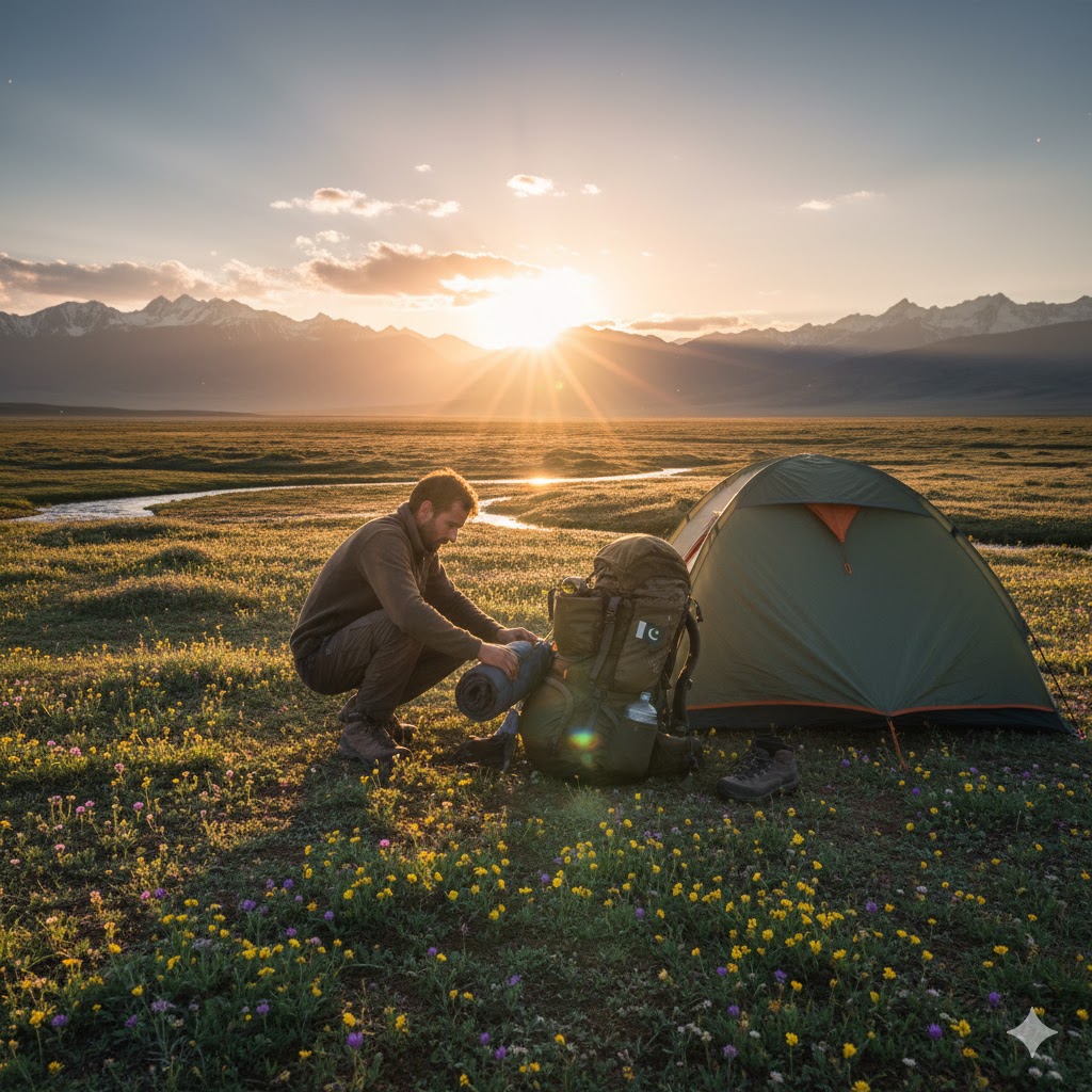 Traveler watching sunrise while packing camping gear in Deosai plains. Traveler watching sunrise while packing camping gear in Deosai plains.