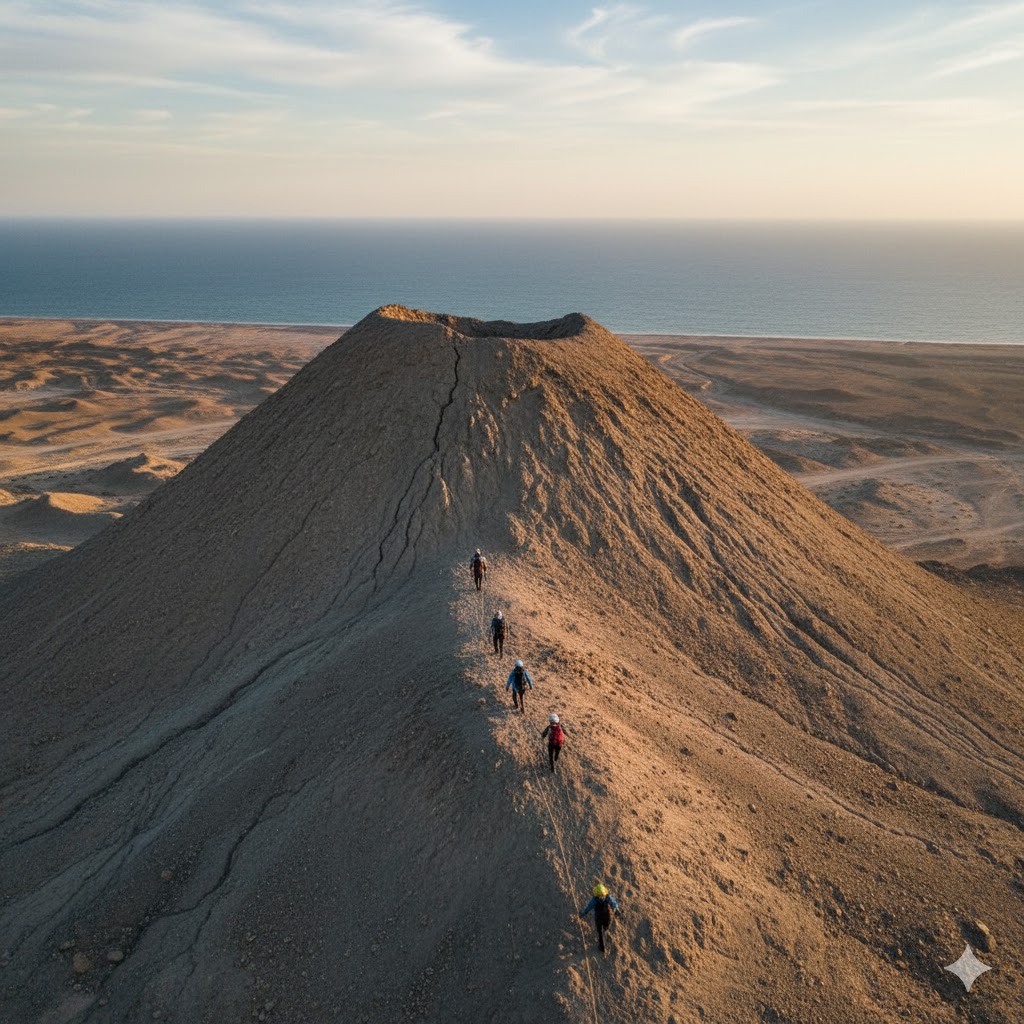 Travelers climbing Chandragup Volcano with view of Arabian Sea horizon in background