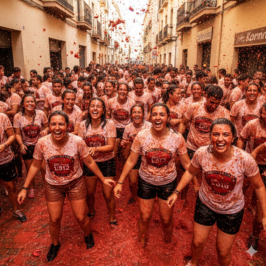 Travelers covered in tomatoes laughing during La Tomatina in Buñol