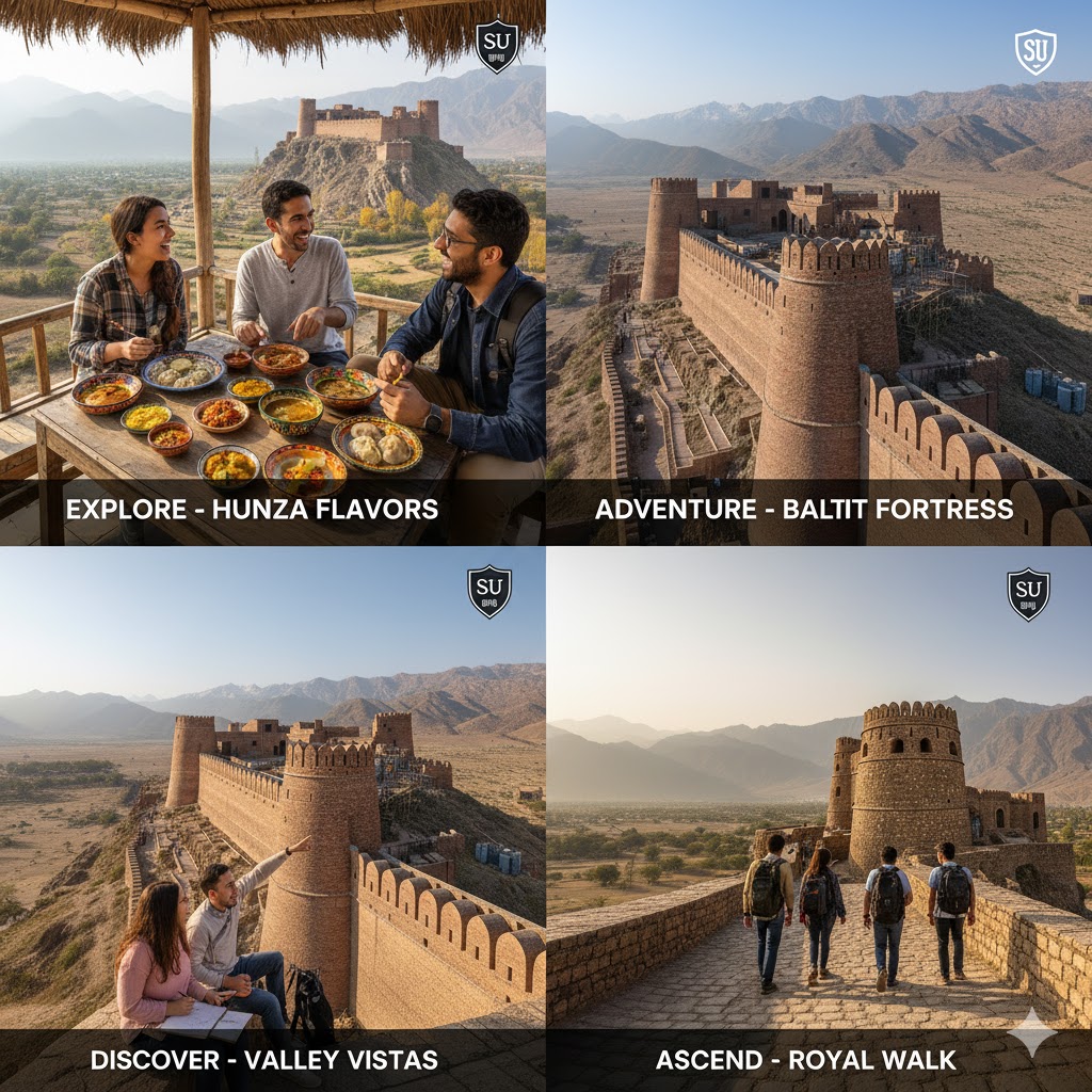 Travelers enjoying traditional Hunza food overlooking Baltit Fort
