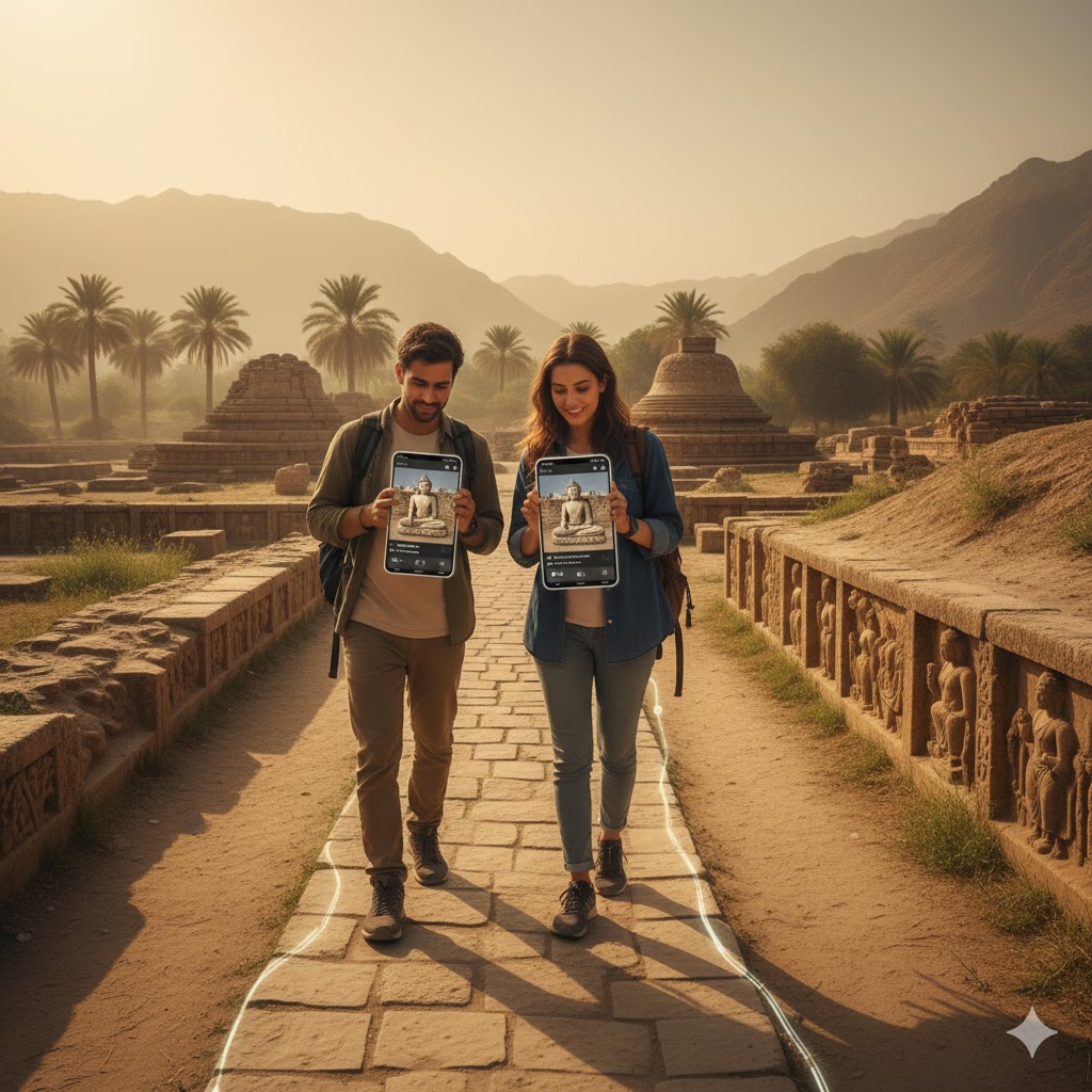 Travelers exploring Gandhara heritage trail in Pakistan using digital guide app