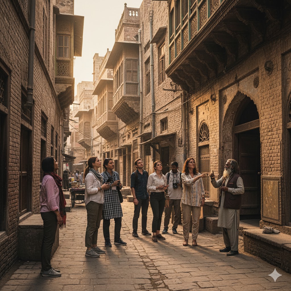 Travelers exploring narrow alleys near Bhatti Gate during heritage walk.