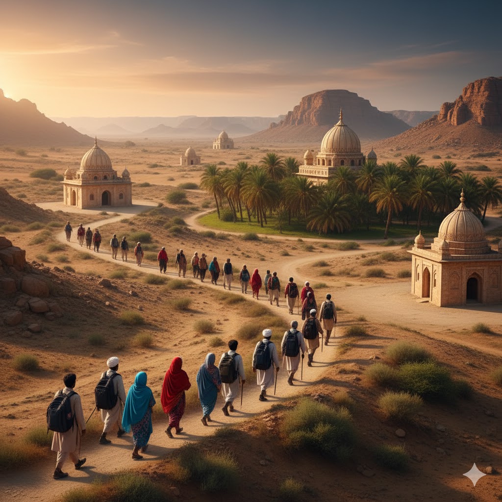 Travelers following Sindh’s Sufi trail through the Indus Valley with shrines and desert landscapes in view.