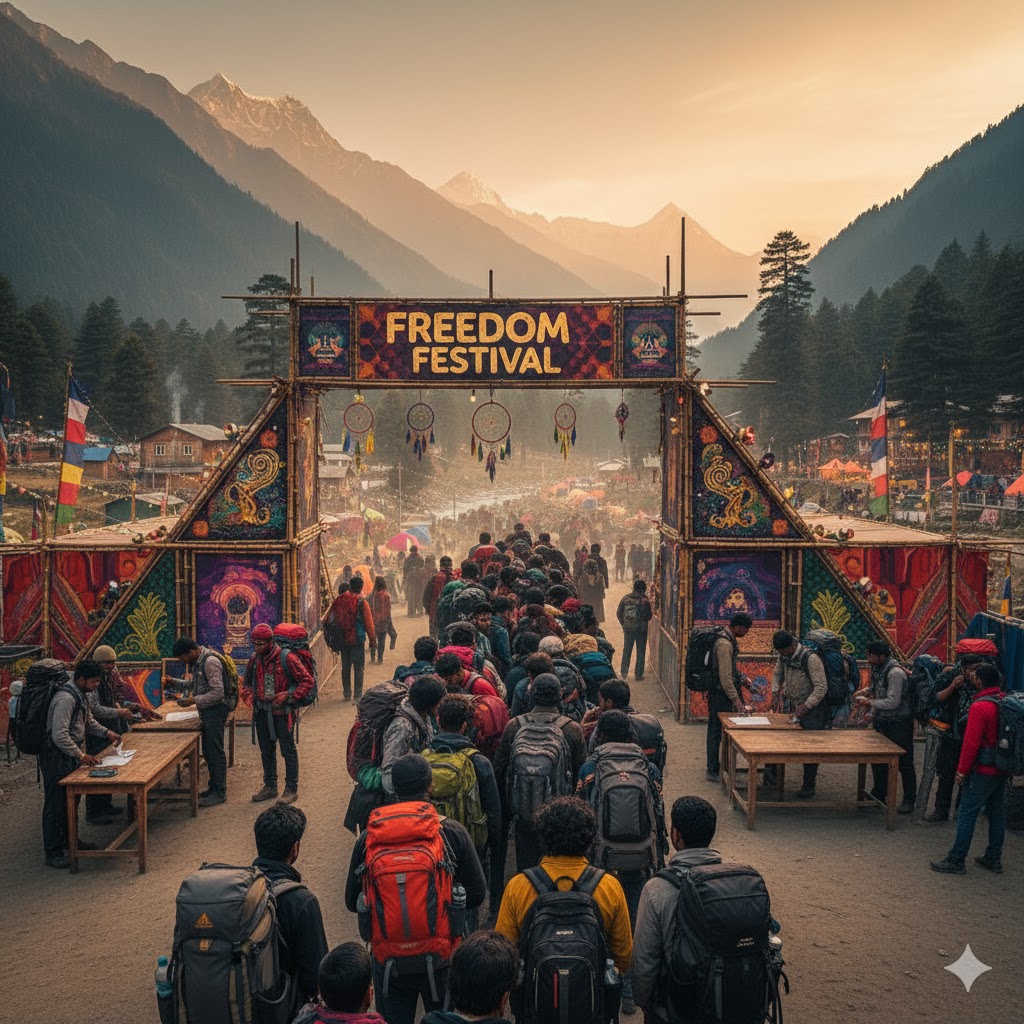 Travelers queuing for security check at Freedom Festival entrance Kasol