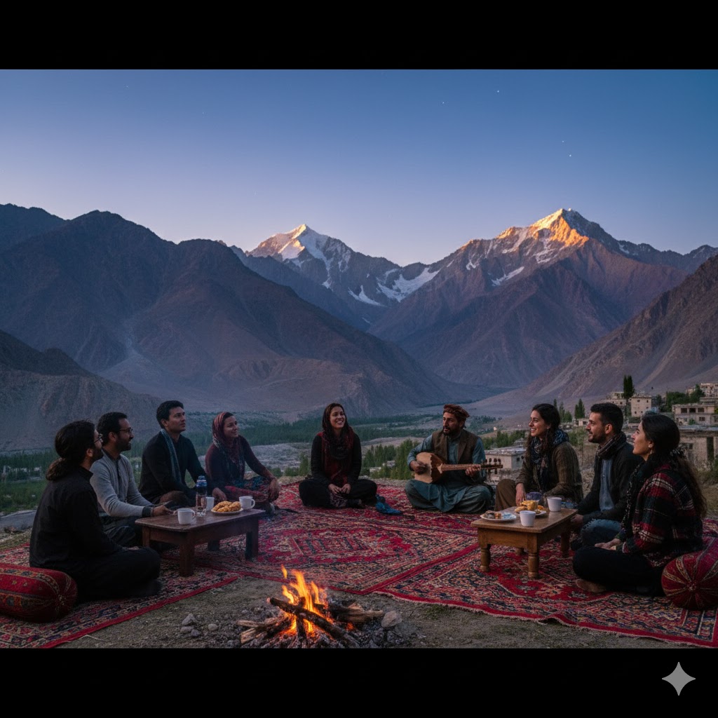 Travelers sitting under open sky in Hunza enjoying live rubab music session with mountains glowing in evening light.