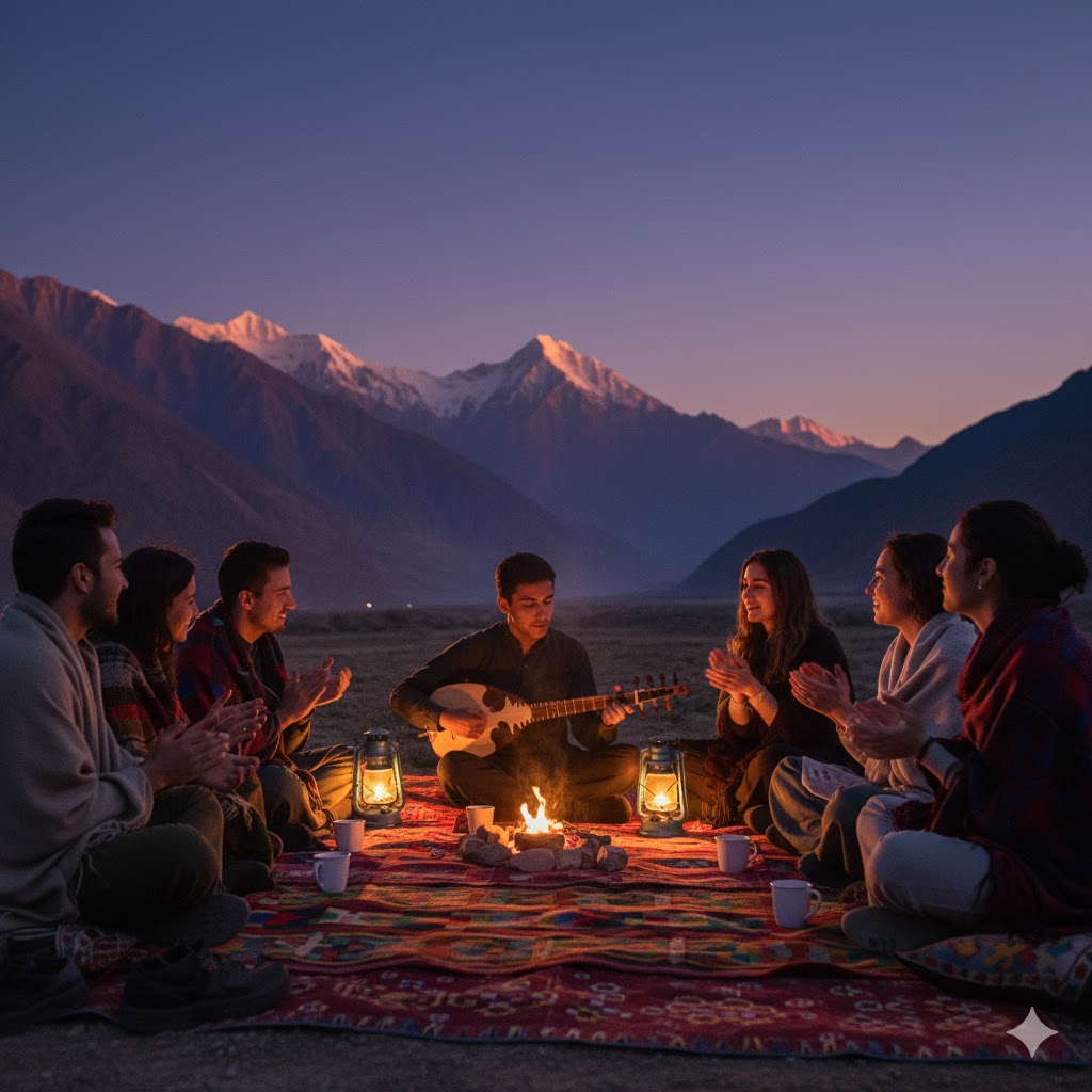 Travelers sitting under open sky in Hunza enjoying live rubab music session with mountains glowing in evening light.