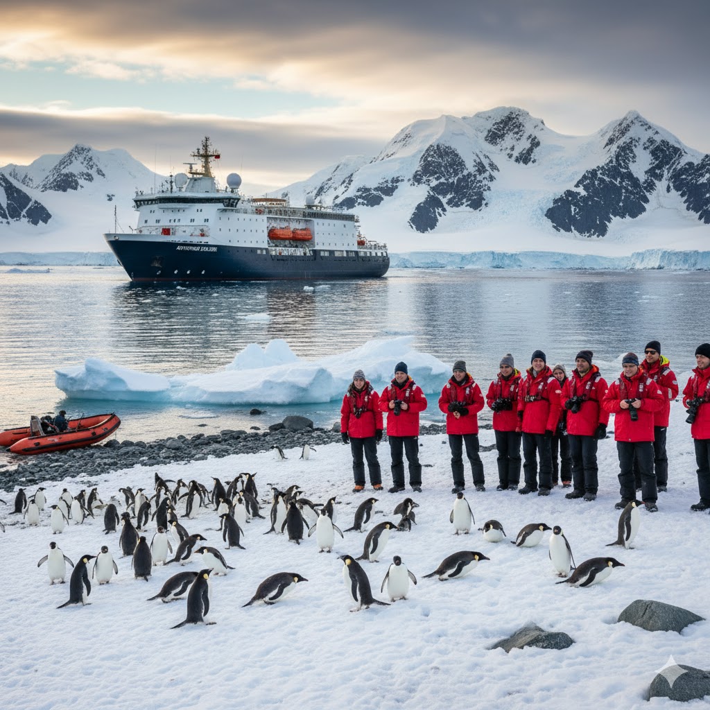 Travelers standing on Antarctica’s icy shore watching penguins near their ship
