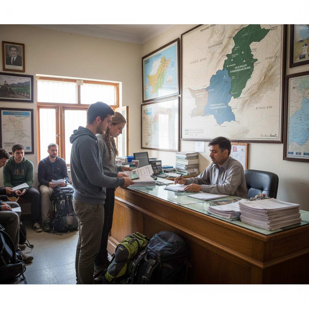 Travelers submitting trekking permit forms at the tourism office in Skardu 